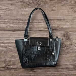 Brighton Black Satchel Bag Featuring a Crocodile-Embossed Leather Design EUC